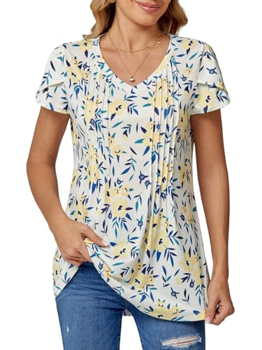 BAISHENGGT Damen T-Shirt V-Ausschnitt Blütenblatt Kurzarm Oberteile Sommer Freizeit Plissiert Tunika Tops Gelbe Blumen XXL von BAISHENGGT