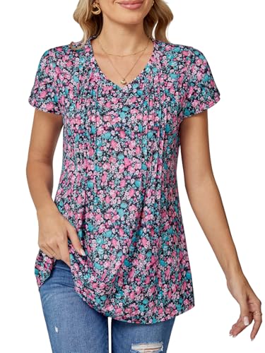 BAISHENGGT Damen T-Shirt V-Ausschnitt Blütenblatt Kurzarm Oberteile Sommer Freizeit Plissiert Tunika Tops Rosa Blumen XL von BAISHENGGT