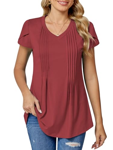 BAISHENGGT Damen T-Shirt V-Ausschnitt Blütenblatt Kurzarm Oberteile Sommer Freizeit Plissiert Tunika Tops Rot L von BAISHENGGT