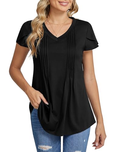 BAISHENGGT Damen T-Shirt V-Ausschnitt Blütenblatt Kurzarm Oberteile Sommer Freizeit Plissiert Tunika Tops Schwarz XXL BAISHENGGT Damen T-Shirt V-Ausschnitt Blütenblatt Kurzarm Oberteile Sommer Freizeit Plissiert Tunika Tops Schwarz XXL von BAISHENGGT