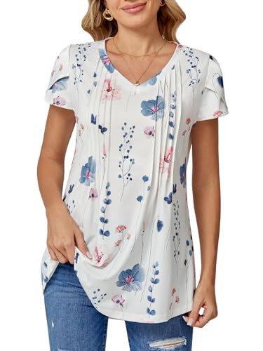 BAISHENGGT Damen T-Shirt V-Ausschnitt Blütenblatt Kurzarm Oberteile Sommer Freizeit Plissiert Tunika Tops Weiße Blumen M von BAISHENGGT