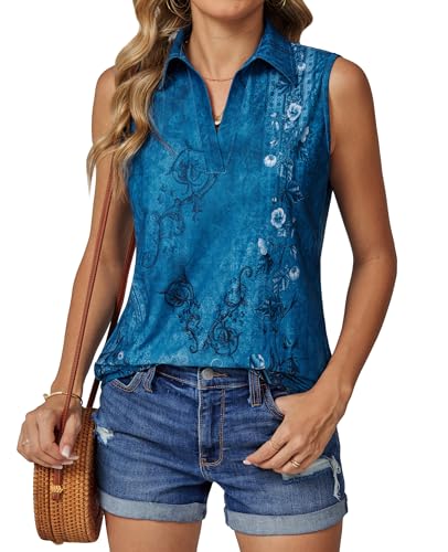 BAISHENGGT Damen Tank Tops Elegant Basic Ärmellos Oberteile Sommer V-Ausschnitt Tunika Lässige Blusen Shirt Blau Blumen XL von BAISHENGGT