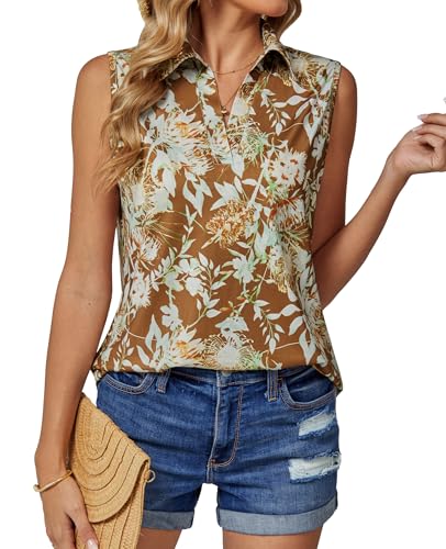 BAISHENGGT Damen Tank Tops Elegant Basic Ärmellos Oberteile Sommer V-Ausschnitt Tunika Lässige Blusen Shirt Gelb Blumen M von BAISHENGGT