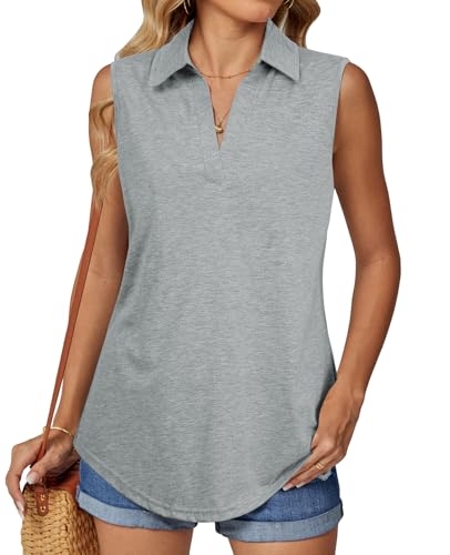 BAISHENGGT Damen Tank Tops Elegant Basic Ärmellos Oberteile Sommer V-Ausschnitt Tunika Lässige Blusen Shirt Hellgrau Meliert XL von BAISHENGGT