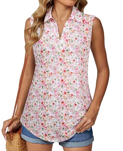 BAISHENGGT Damen Tank Tops Elegant Basic Ärmellos Oberteile Sommer V-Ausschnitt Tunika Lässige Blusen Shirt Rosa Geblümt XL von BAISHENGGT
