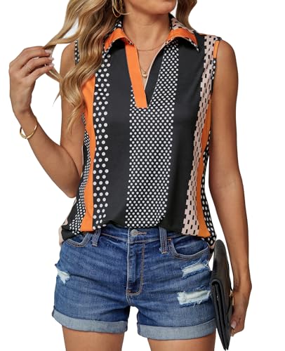 BAISHENGGT Damen Tank Tops Elegant Basic Ärmellos Oberteile Sommer V-Ausschnitt Tunika Lässige Blusen Shirt Schwarz Orange L von BAISHENGGT