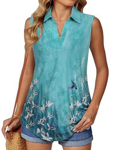 BAISHENGGT Damen Tank Tops Elegant Basic Ärmellos Oberteile Sommer V-Ausschnitt Tunika Lässige Blusen Shirt Teal Geblümt XXL von BAISHENGGT