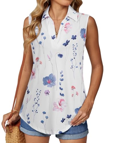 BAISHENGGT Damen Tank Tops Elegant Basic Ärmellos Oberteile Sommer V-Ausschnitt Tunika Lässige Blusen Shirt Weiß Geblümt XXL von BAISHENGGT