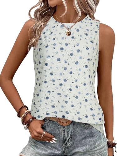 BAISHENGGT Damen Tank Tops Sommer Rundhals Ärmellos Ausgehöhlt Basic T Shirt Oberteile Blau Rose Bedruckt XXL von BAISHENGGT