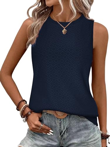 BAISHENGGT Damen Tank Tops Sommer Rundhals Ärmellos Ausgehöhlt Basic T Shirt Oberteile Dunkelblau XXL von BAISHENGGT