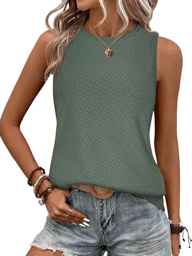 BAISHENGGT Damen Tank Tops Sommer Rundhals Ärmellos Ausgehöhlt Basic T Shirt Oberteile Grün XL von BAISHENGGT
