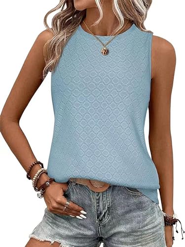 BAISHENGGT Damen Tank Tops Sommer Rundhals Ärmellos Ausgehöhlt Basic T Shirt Oberteile Hellblau XL von BAISHENGGT