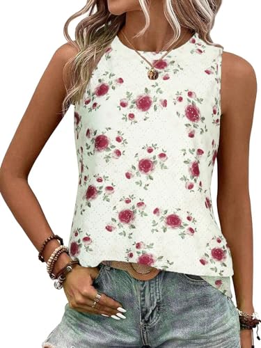 BAISHENGGT Damen Tank Tops Sommer Rundhals Ärmellos Ausgehöhlt T Shirt Oberteile Rosenprint L von BAISHENGGT
