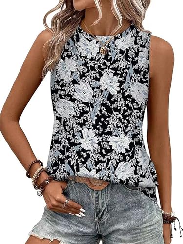 BAISHENGGT Damen Tank Tops Sommer Rundhals Ärmellos Ausgehöhlt T-Shirt Schwarze Blumen L von BAISHENGGT