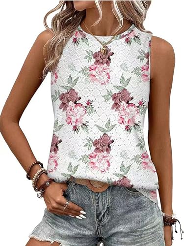 BAISHENGGT Damen Tank Tops Sommer Rundhals Ärmellos Ausgehöhlt T-Shirt Weiß Blumen L von BAISHENGGT