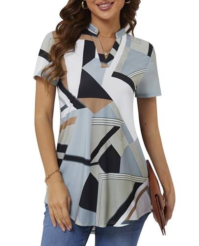 BAISHENGGT Damen Tunika Tops Elegant V Ausschnitt Kurzarm Casual Sommer T-Shirts Bluse Geometrie Gedruckt XXL von BAISHENGGT