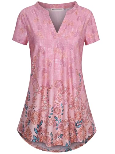 BAISHENGGT Damen Tunika Tops Elegant V Ausschnitt Kurzarm Casual Sommer T-Shirts Bluse Rosa Blumen XXL von BAISHENGGT