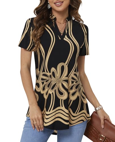BAISHENGGT Damen Tunika Tops Elegant V Ausschnitt Kurzarm Casual Sommer T-Shirts Bluse Schwarz-Gelbe Linien M von BAISHENGGT