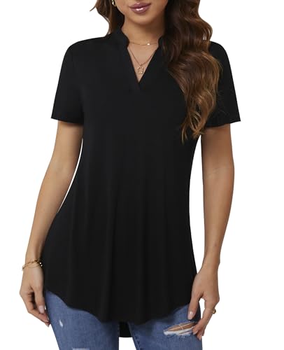 BAISHENGGT Damen Tunika Tops Elegant V Ausschnitt Kurzarm Casual Sommer T-Shirts Bluse Schwarz XXL von BAISHENGGT