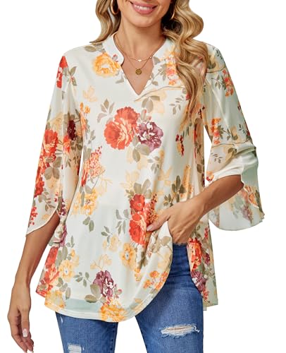 BAISHENGGT Damen Tuniken Bluse 3/4 Ärmel Elegant V-Ausschnitt Casual Flowy Doppellagig Mesh Oberteil Aprikose Blumen L von BAISHENGGT