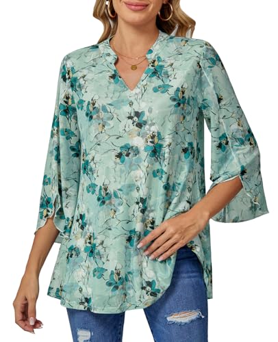 BAISHENGGT Damen Tuniken Bluse 3/4 Ärmel Elegant V-Ausschnitt Casual Flowy Doppellagig Mesh Oberteil Aquamarin Blumen L von BAISHENGGT