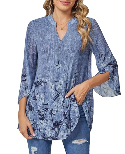 BAISHENGGT Damen Tuniken Bluse 3/4 Ärmel Elegant V-Ausschnitt Casual Flowy Doppellagig Mesh Oberteil Blau Blumen XXL von BAISHENGGT