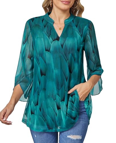 BAISHENGGT Damen Tuniken Bluse 3/4 Ärmel Elegant V-Ausschnitt Casual Flowy Doppellagig Mesh Oberteil Pfauenblau XXL von BAISHENGGT