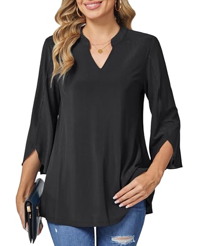 BAISHENGGT Damen Tuniken Bluse 3/4 Ärmel Elegant V-Ausschnitt Casual Flowy Doppellagig Mesh Oberteil Schwarz XXL BAISHENGGT Damen Tuniken Bluse 3/4 Ärmel Elegant V-Ausschnitt Casual Flowy Doppellagig Mesh Oberteil Schwarz XXL von BAISHENGGT