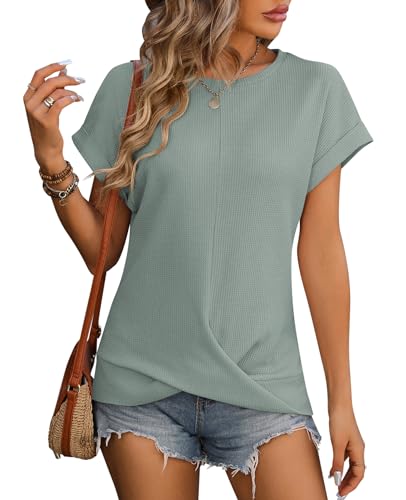 BAISHENGGT Damen Tuniken Blusen Sommer Rundhals Kurzarm Cross Knot Front T-Shirt Grün M von BAISHENGGT