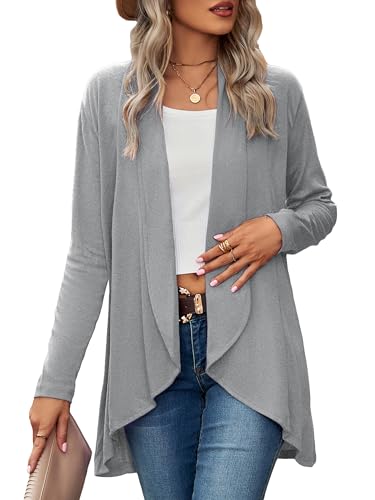 BAISHENGGT Die Wahrheit aufblasen Strickjacken für Damen Elegant Cardigan Großes Revers Langarm Unregelmäßiger Saum Wochenende Strickcardigan Pullover Grau L von BAISHENGGT