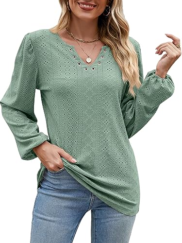 BAISHENGGT Frühlingsbaum im Dorf Blusen Tuniken für Damen Eyelet Deko V-Ausschnitt Ausgehöhlte Elegant Puffärmel Freizeit Party Langarmshirt Grün XXL von BAISHENGGT