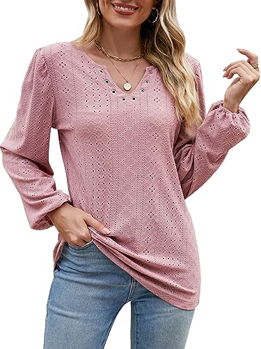 BAISHENGGT Frühlingsbaum im Dorf Blusen Tuniken für Damen Eyelet Deko V-Ausschnitt Ausgehöhlte Elegant Puffärmel Freizeit Party Langarmshirt Rosa L von BAISHENGGT