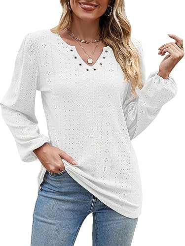 BAISHENGGT Frühlingsbaum im Dorf Blusen Tuniken für Damen Eyelet Deko V-Ausschnitt Ausgehöhlte Elegant Puffärmel Freizeit Party Langarmshirt Weiß XXL von BAISHENGGT