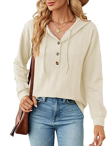 BAISHENGGT Glitzerige Rhein Kapuzenpullover für Damen Knöpfen Kable Muster Langarmshirt mit Kapuze Lässiger Oberteil Sweatshirt Pullover Beige L von BAISHENGGT