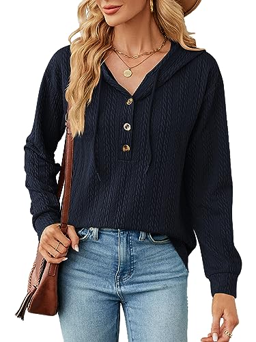 BAISHENGGT Glitzerige Rhein Kapuzenpullover für Damen Knöpfen Kable Muster Langarmshirt mit Kapuze Lässiger Oberteil Sweatshirt Pullover Blau -1 M von BAISHENGGT