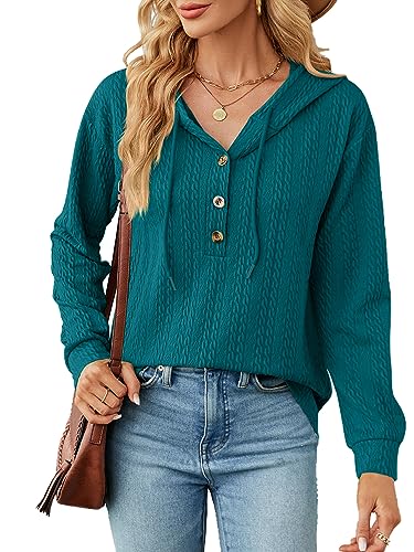 BAISHENGGT Glitzerige Rhein Kapuzenpullover für Damen Knöpfen Kable Muster Langarmshirt mit Kapuze Lässiger Oberteil Sweatshirt Pullover Grün L von BAISHENGGT