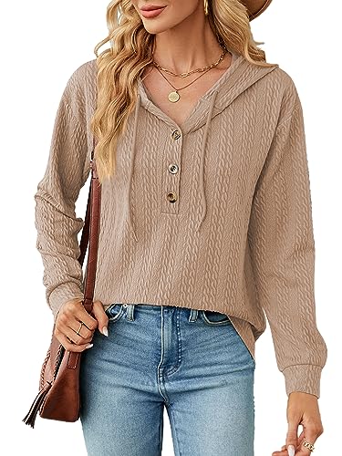 BAISHENGGT Glitzerige Rhein Kapuzenpullover für Damen Knöpfen Kable Muster Langarmshirt mit Kapuze Lässiger Oberteil Sweatshirt Pullover Khaki S von BAISHENGGT