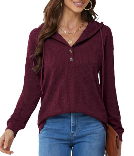 BAISHENGGT Glitzerige Rhein Kapuzenpullover für Damen Knöpfen Kable Muster Langarmshirt mit Kapuze Lässiger Oberteil Sweatshirt Pullover Rot XXL von BAISHENGGT