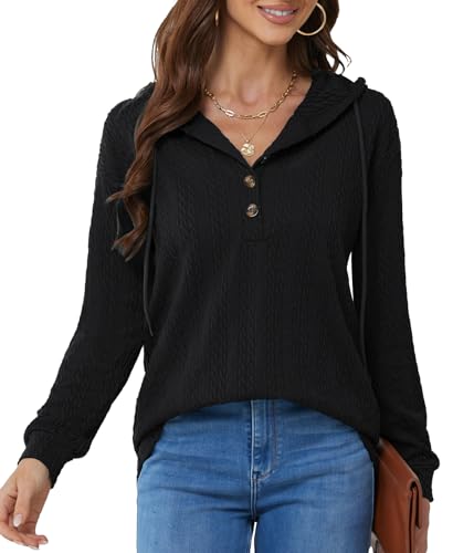 BAISHENGGT Glitzerige Rhein Kapuzenpullover für Damen Knöpfen Kable Muster Langarmshirt mit Kapuze Lässiger Oberteil Sweatshirt Pullover Schwarz L von BAISHENGGT