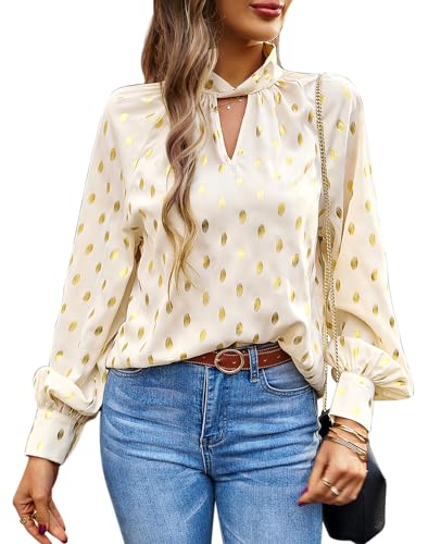 BAISHENGGT Mobius's Sternenhimmel Blusen Tuniken Damen Elegant Chiffon Stehkragen Puffärmel Gold Hot Stamping Dating Party Bluse Oberteile Aprikose M von BAISHENGGT