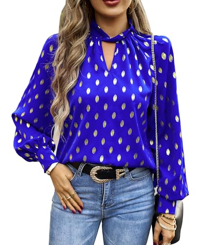 BAISHENGGT Mobius's Sternenhimmel Blusen Tuniken Damen Elegant Chiffon Stehkragen Puffärmel Gold Hot Stamping Dating Party Bluse Oberteile Blau M von BAISHENGGT