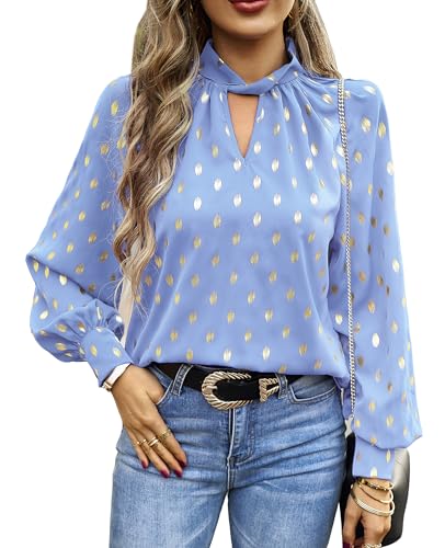 BAISHENGGT Mobius's Sternenhimmel Blusen Tuniken Damen Elegant Chiffon Stehkragen Puffärmel Gold Hot Stamping Dating Party Bluse Oberteile Himmelblau XL von BAISHENGGT