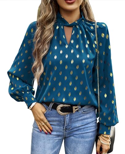 BAISHENGGT Mobius's Sternenhimmel Blusen Tuniken Damen Elegant Chiffon Stehkragen Puffärmel Gold Hot Stamping Dating Party Bluse Oberteile Pfauenblau M von BAISHENGGT
