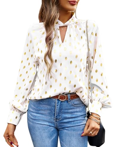 BAISHENGGT Mobius's Sternenhimmel Blusen Tuniken Damen Elegant Chiffon Stehkragen Puffärmel Gold Hot Stamping Dating Party Bluse Oberteile Weiß S von BAISHENGGT