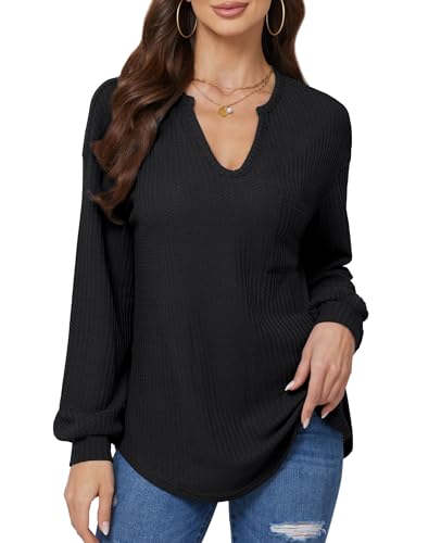 BAISHENGGT Pique Damen Blusen Tuniken Gestrickt V Ausschnitt Elegant Taschen Langarmshirt Tops Schwarz L von BAISHENGGT