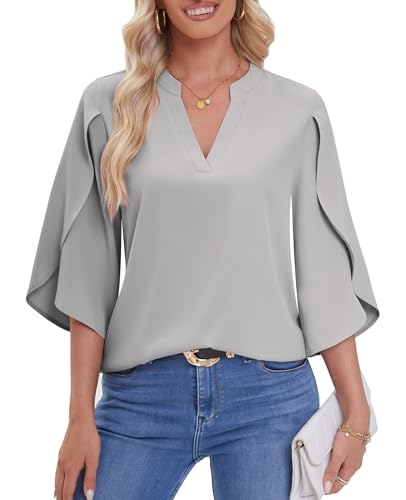 BAISHENGGT Prinzessin Anna Blusen Tuniken für Damen Sommer Chiffon Tops 3/4-Arm V-Ausschnitt Shirt Streetwear Bluseshirt Oberteile Grau XL von BAISHENGGT