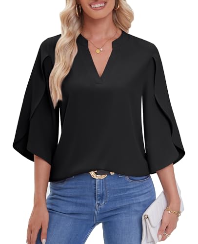 BAISHENGGT Prinzessin Anna Blusen Tuniken für Damen Sommer Chiffon Tops 3/4-Arm V-Ausschnitt Shirt Streetwear Bluseshirt Oberteile Schwarz L von BAISHENGGT