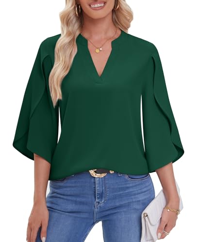 BAISHENGGT Prinzessin Anna Blusen Tuniken für Damen Sommer Chiffon Tops 3/4-Arm V-Ausschnitt Shirt Streetwear Bluseshirt Oberteile Grün L von BAISHENGGT