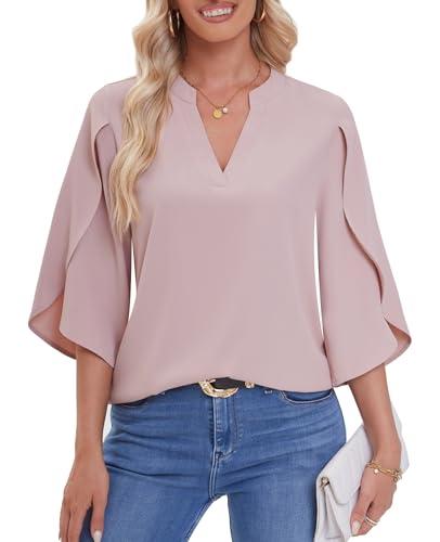 BAISHENGGT Prinzessin Anna Blusen Tuniken für Damen Sommer Chiffon Tops 3/4-Arm V-Ausschnitt Shirt Streetwear Bluseshirt Oberteile Rosa M von BAISHENGGT