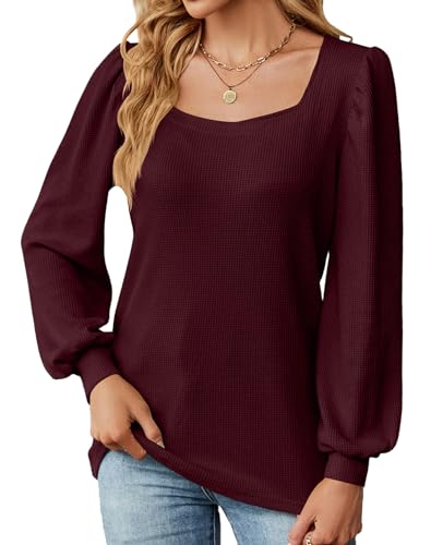 BAISHENGGT Pullover Damen Elegant Karree Ausschnitt Langarmshirt Einfarbig Texturierter Falten Tops Klassis T Shirts Bluse Oberteile Rot -1 L von BAISHENGGT